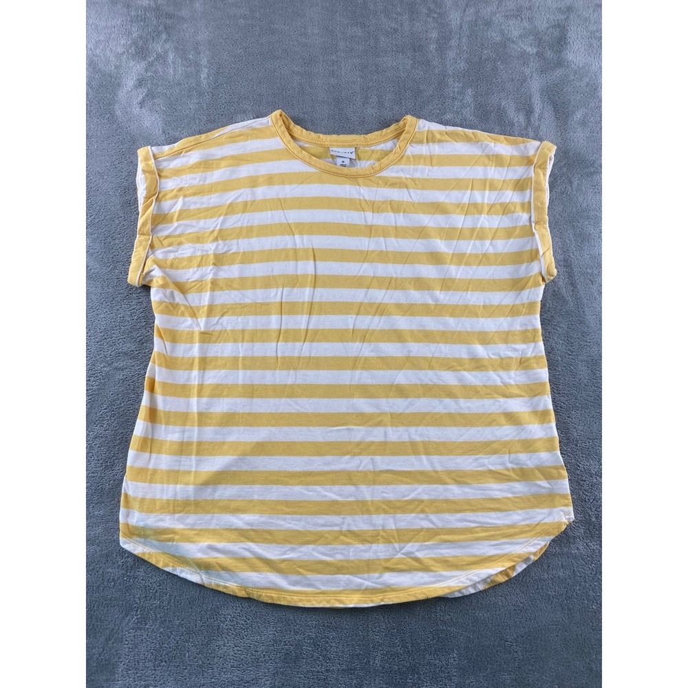 Ava & Viv Womens 1X Yellow White Striped Rolled Sleeve Curved Hem Top Plus Size‎